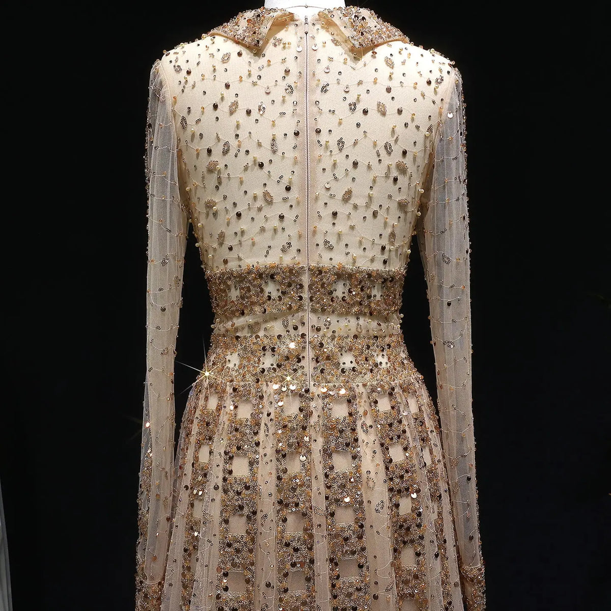 Luxury Champagne Notched Collar Long Sleeve Beaded Evening Dress SS419 