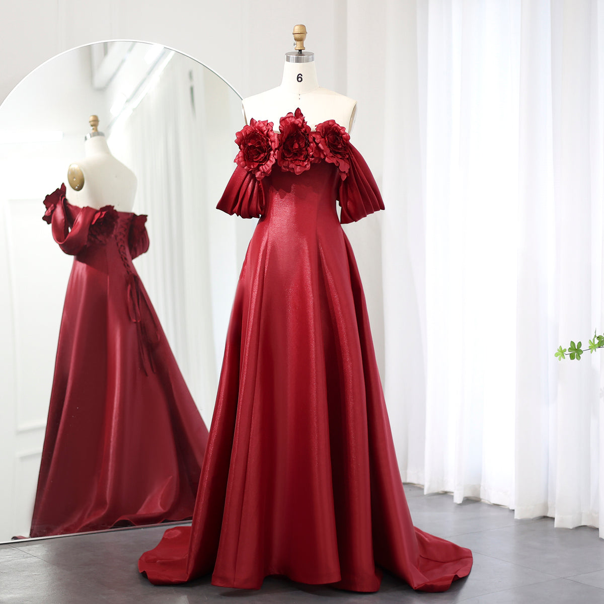 Sharon Said Elegant Burgundy Satin Off Shoulder Evening Dresses with 3D Flowers 2024 Long Women Wedding Formal Party Gowns SS344