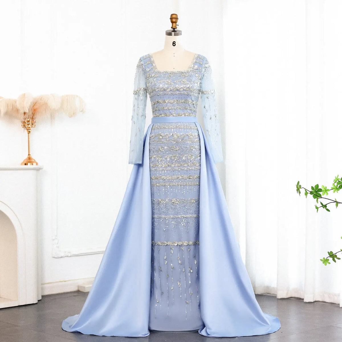 Luxury Sage Green Evening Dress with Detachable Overskirt SS238A 