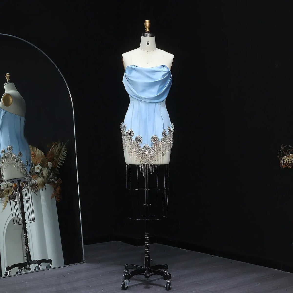 Luxury Crystal Tassel Strapless Blue Short Homecoming Dress RM010