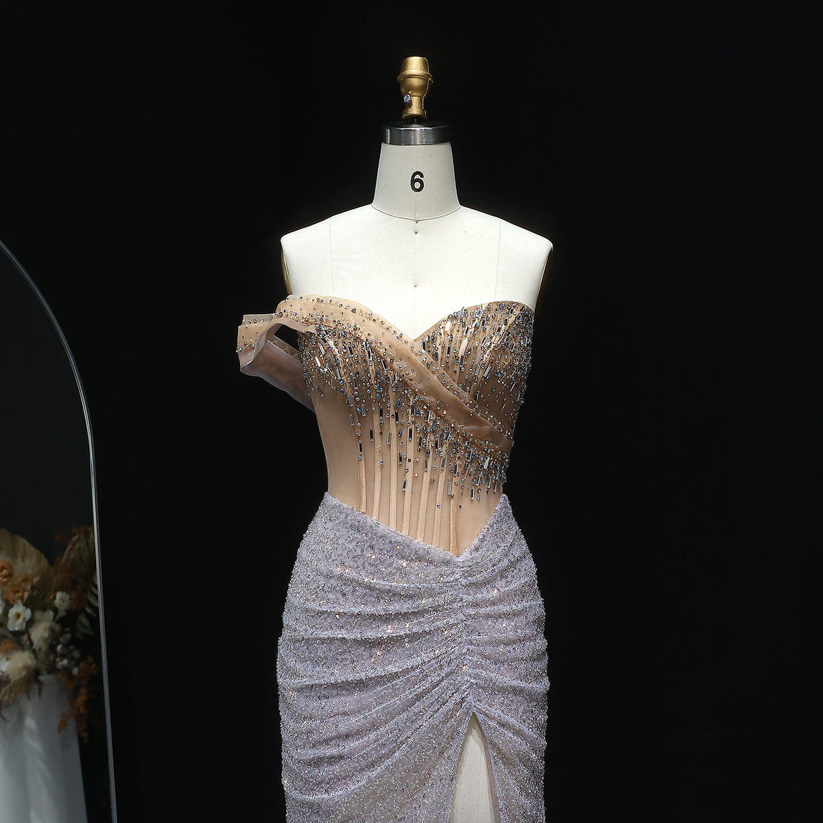 Luxury Crystal Beaded Silver Evening Dress with Slit SS563 