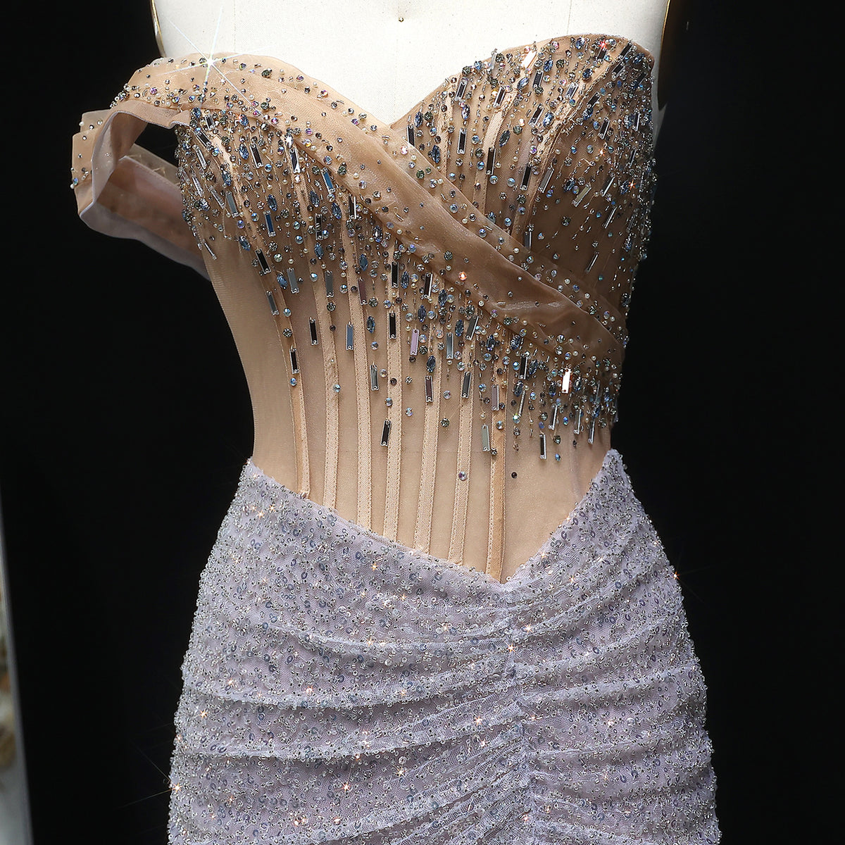 Luxury Crystal Beaded Silver Evening Dress with Slit SS563 