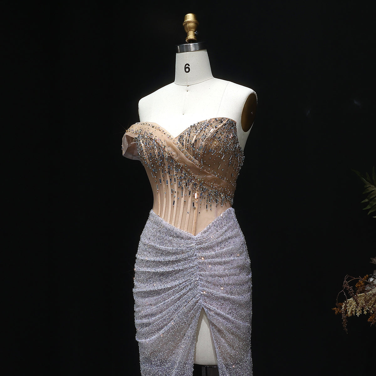 Luxury Crystal Beaded Silver Evening Dress with Slit SS563 