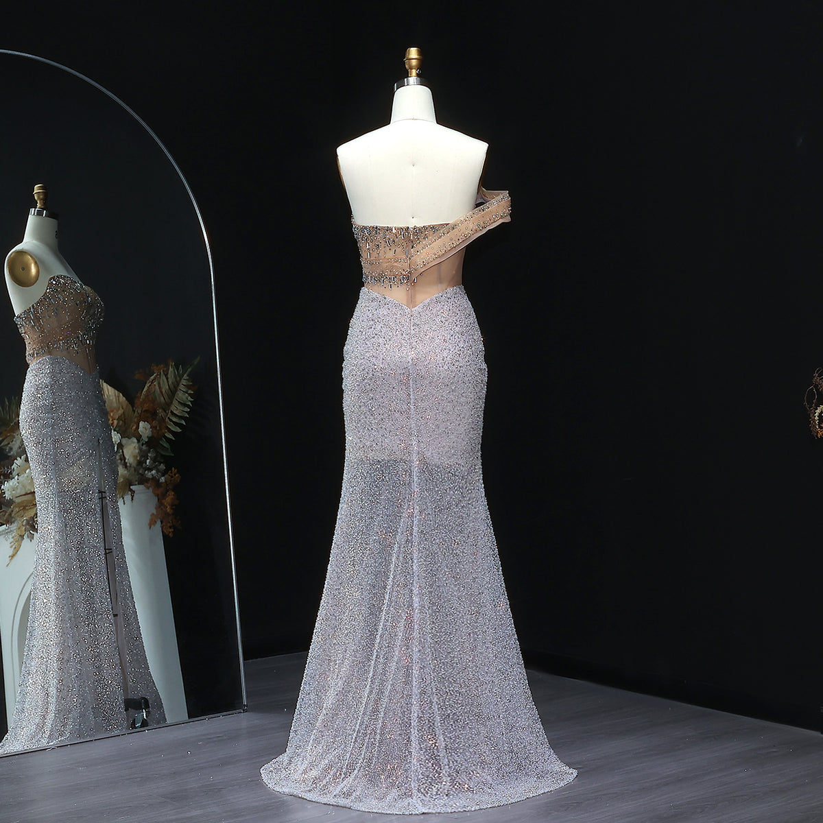 Luxury Crystal Beaded Silver Evening Dress with Slit SS563 