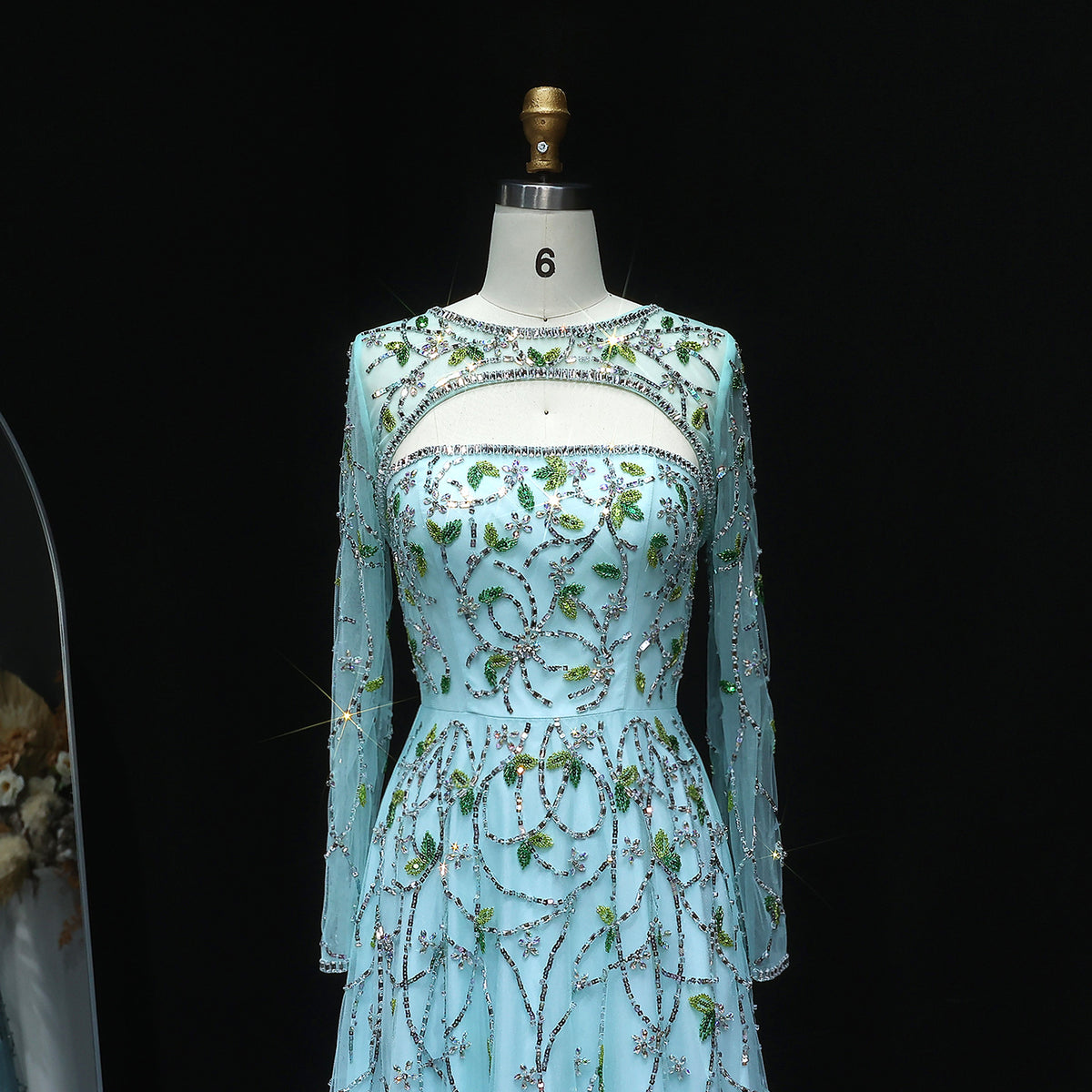 Elegant Beaded Sequins Green Long Sleeve Evening Dress SS593 