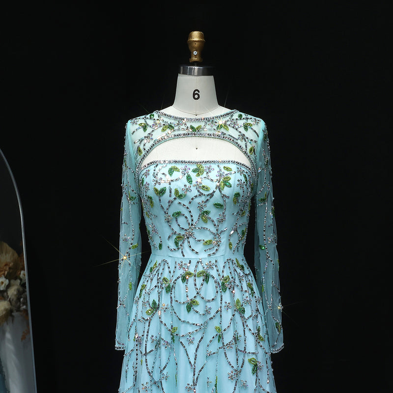 Elegant Beaded Sequins Green Long Sleeve Evening Dress SS593 