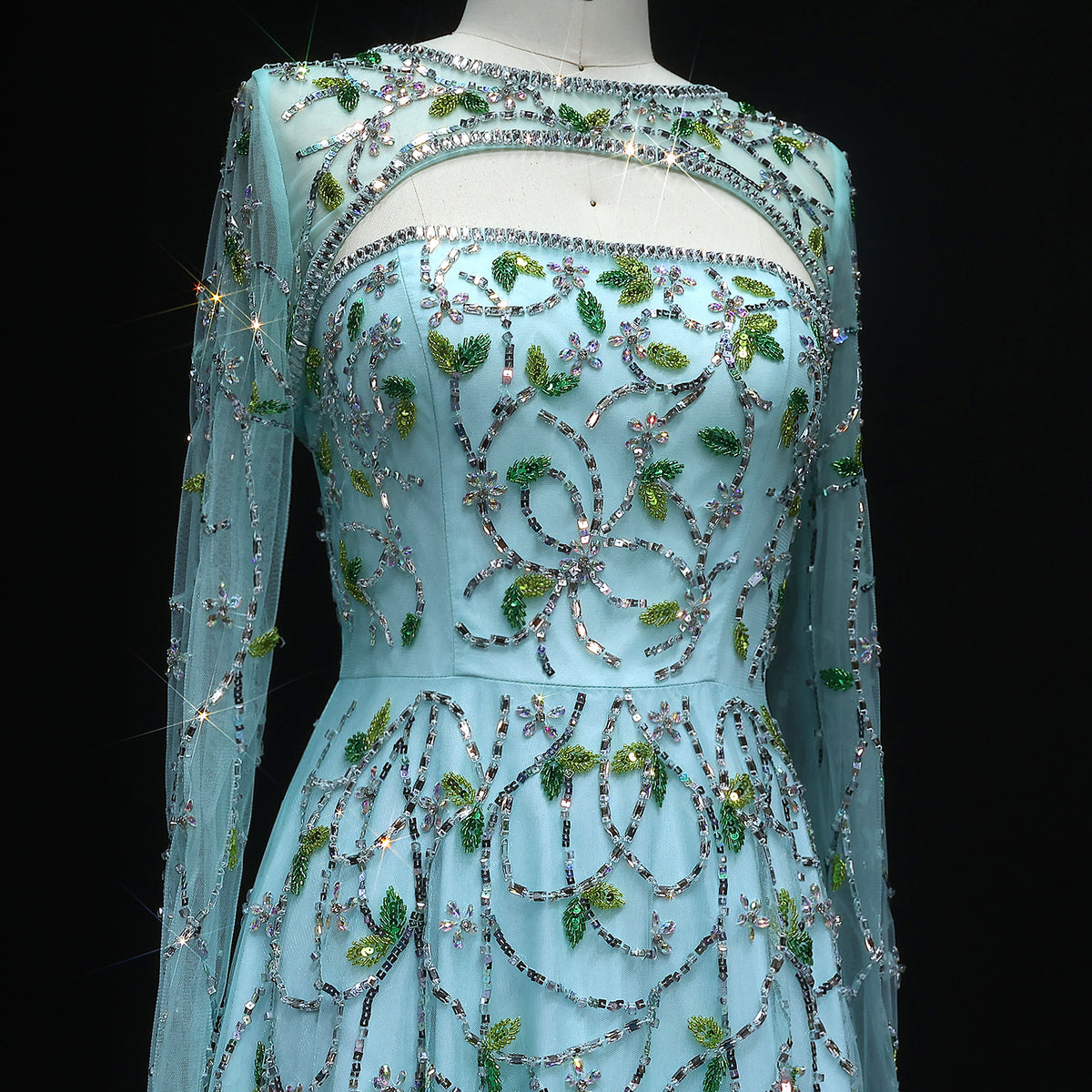 Elegant Beaded Sequins Green Long Sleeve Evening Dress SS593 