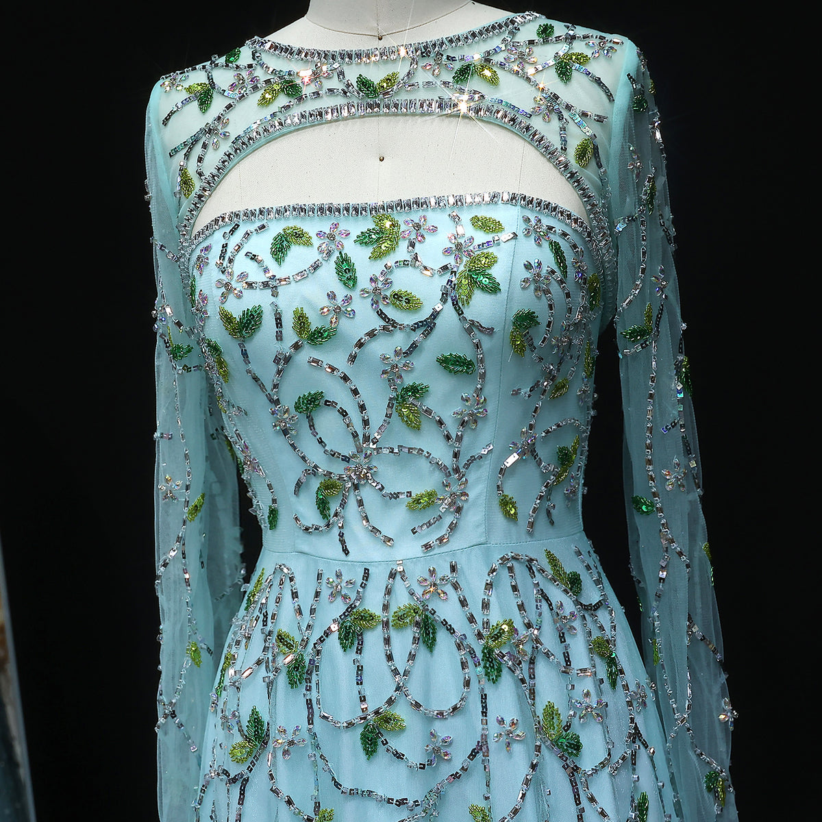 Elegant Beaded Sequins Green Long Sleeve Evening Dress SS593 
