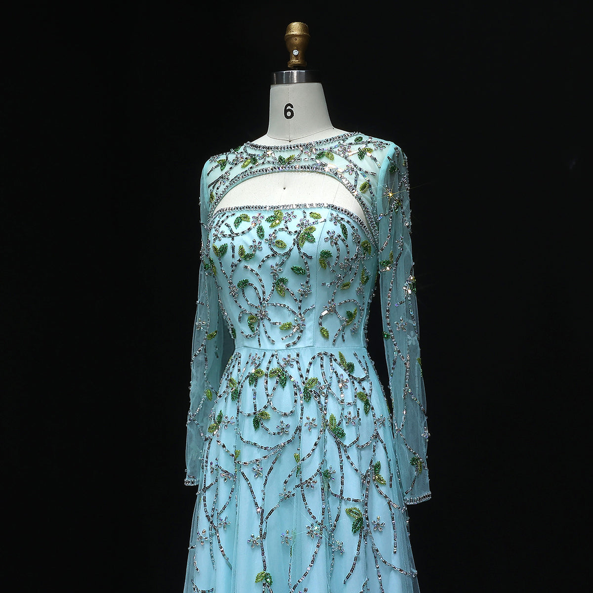 Elegant Beaded Sequins Green Long Sleeve Evening Dress SS593 