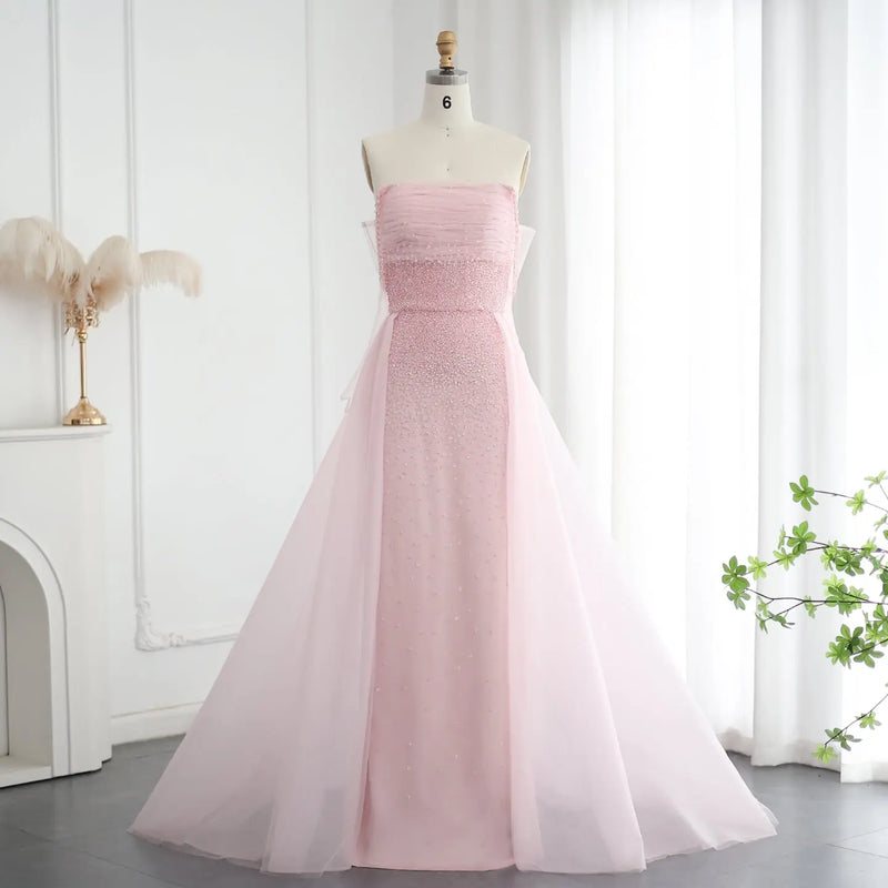 Luxury Beaded Pink Evening Dress with Overskirt Gloves SS429 