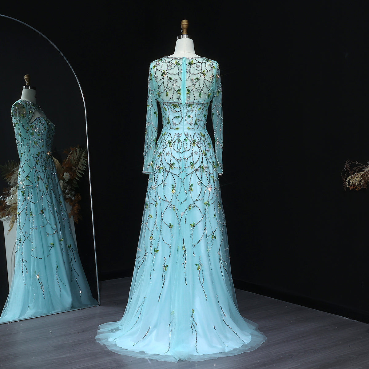 Elegant Beaded Sequins Green Long Sleeve Evening Dress SS593 