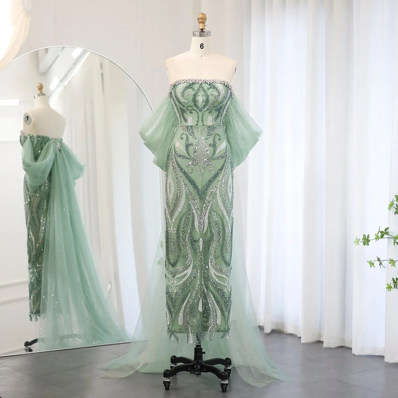 Luxury Strapless Sage Green Evening Dresses with Cape Train SS345 
