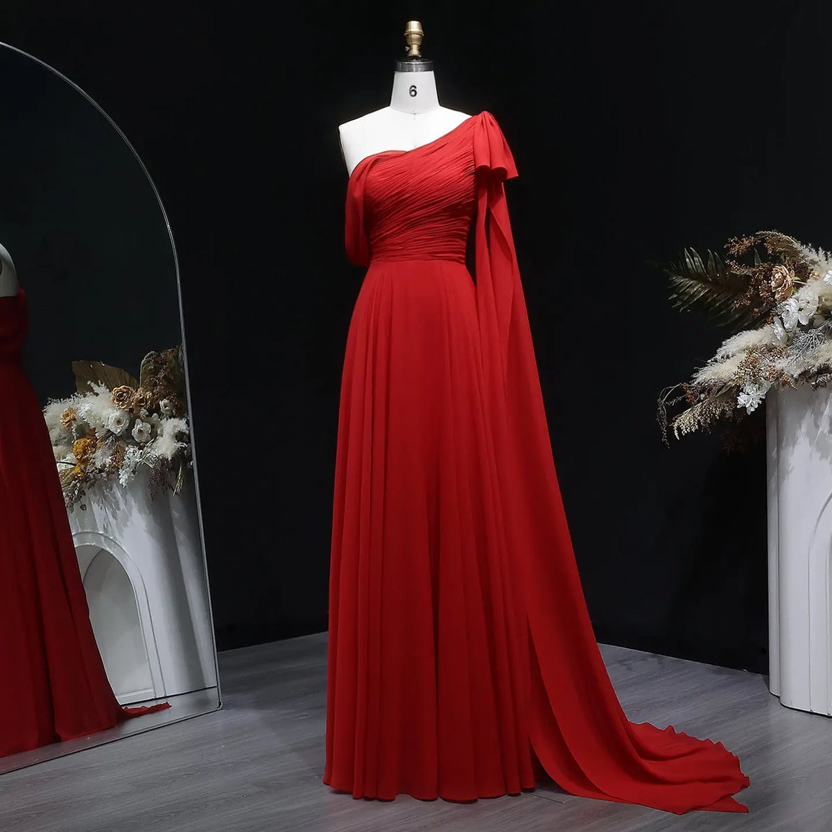 Elegant Red Flowy Chiffon Evening Dress with One-Shoulder Neckline & T SHARONSAID Elegant Red Flowy Chiffon Evening Dress with One-Shoulder Neckline & T SHARONSAID