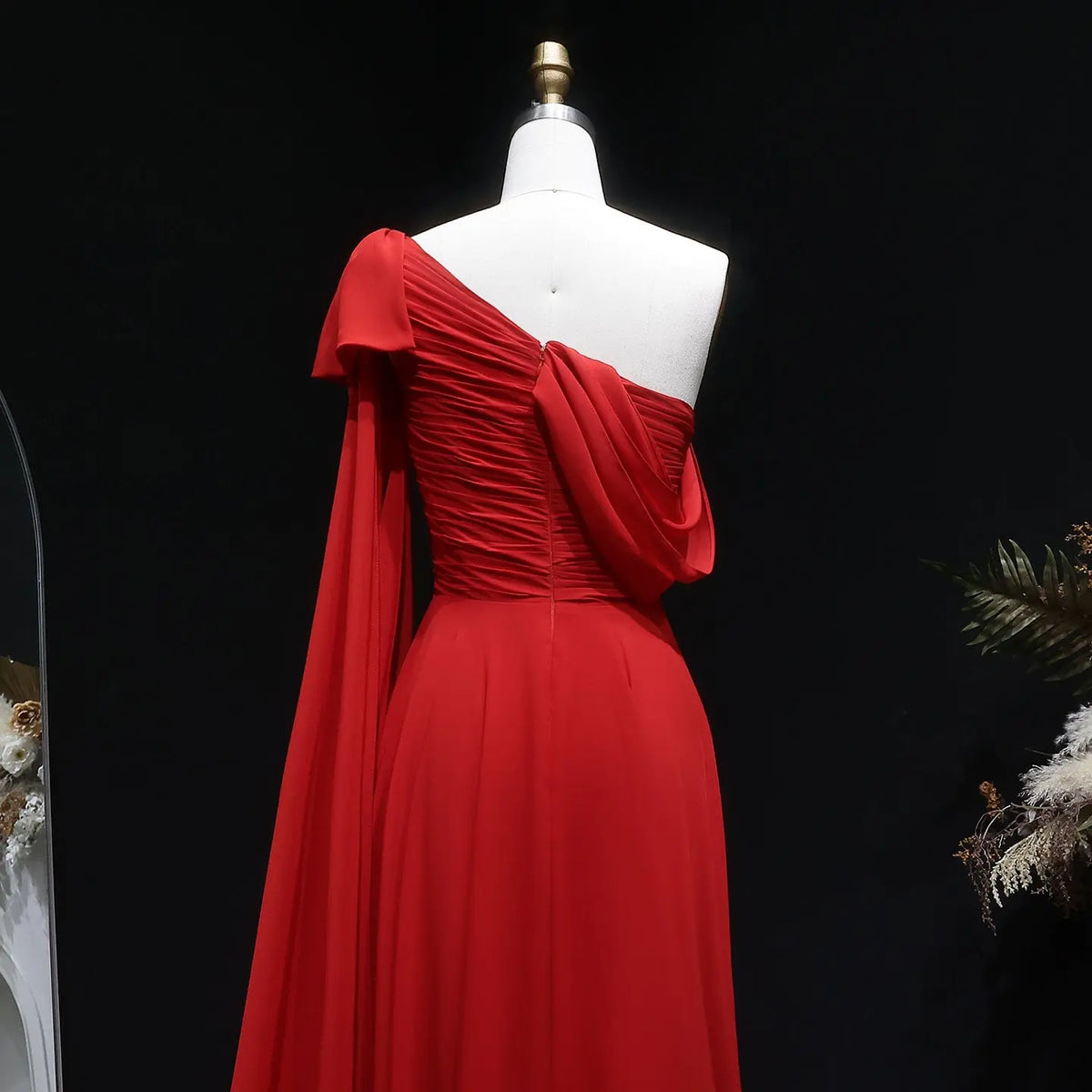 Elegant Red Flowy Chiffon Evening Dress with One-Shoulder Neckline & T –  SHARONSAID