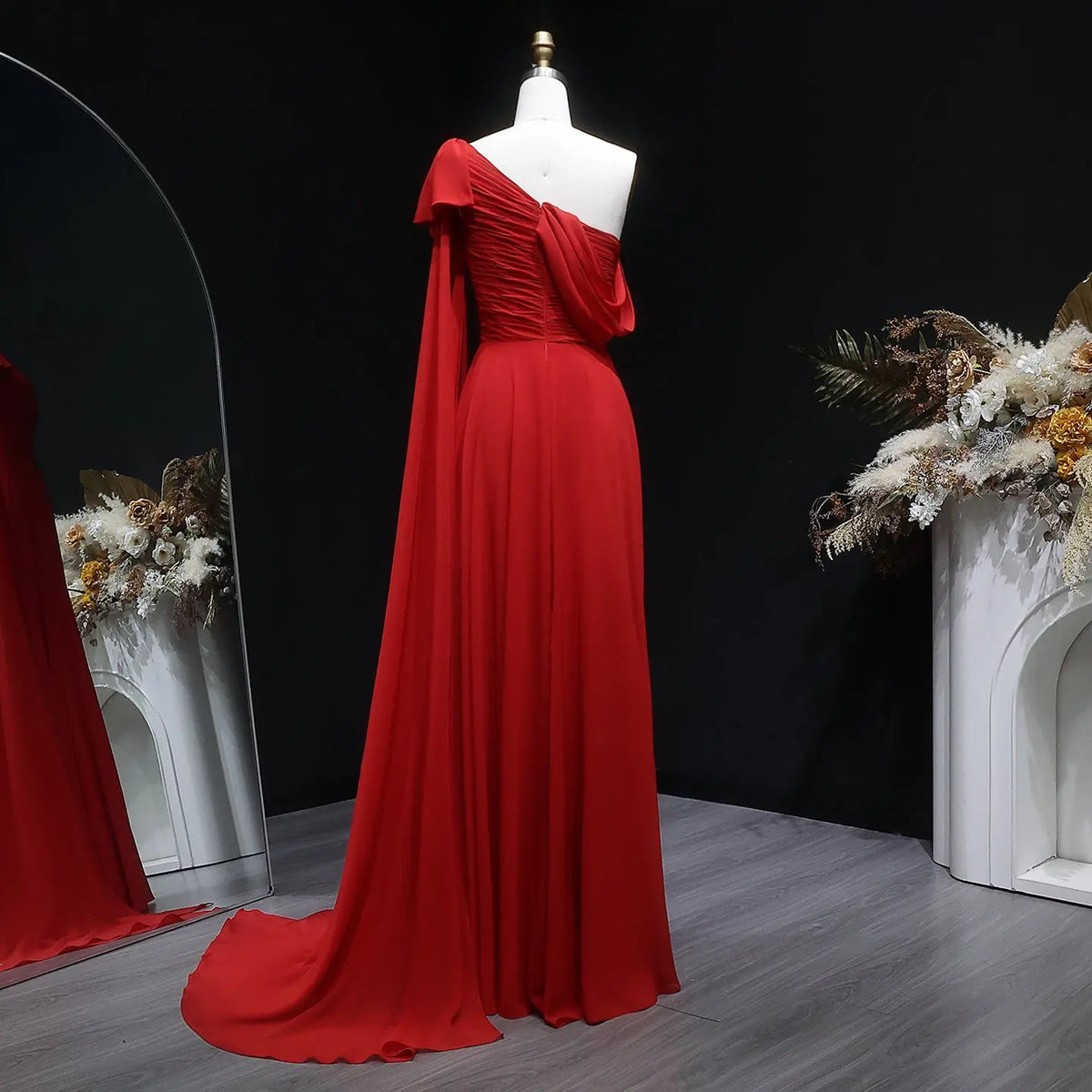 Elegant Red Flowy Chiffon Evening Dress with One-Shoulder Neckline & T SHARONSAID Elegant Red Flowy Chiffon Evening Dress with One-Shoulder Neckline & T SHARONSAID