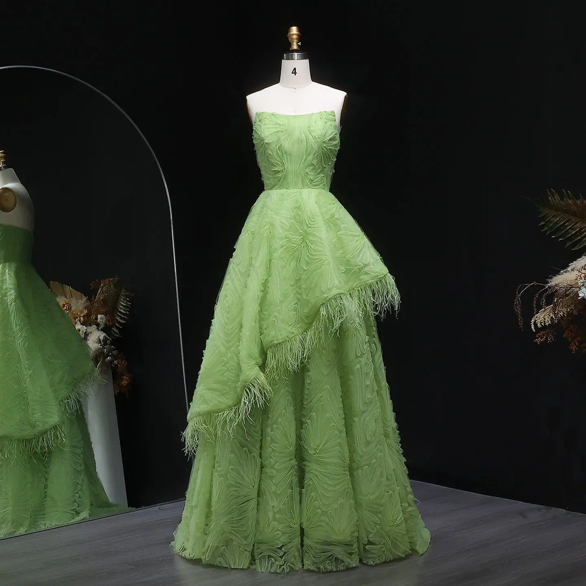 Luxury Feather 3D Floral Lime Green Strapless Evening Dress SF034 Luxury Feather 3D Floral Lime Green Strapless Evening Dress SF034