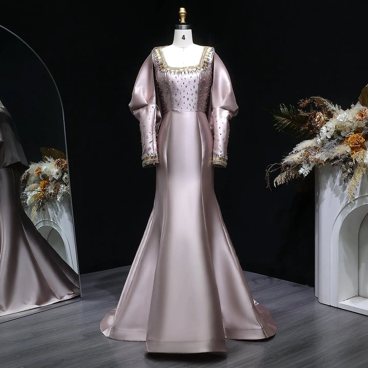 Luxury Khaki Beaded Satin Evening Dress with Statement Detachable Sleeves SS574-7
