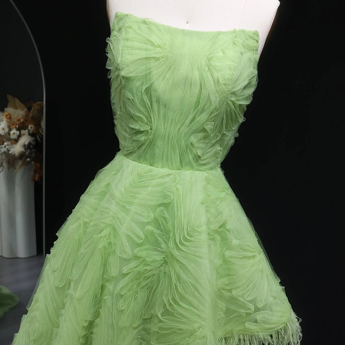 Final Sale Luxury Feather 3D Floral Lime Green Strapless Evening Dress SF034 Final Sale Luxury Feather 3D Floral Lime Green Strapless Evening Dress SF034