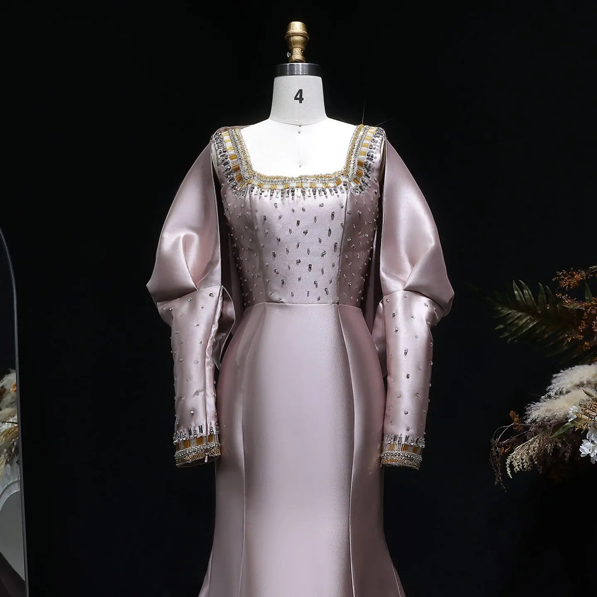 Luxury Khaki Beaded Satin Evening Dress with Statement Detachable Sleeves SS574-8
