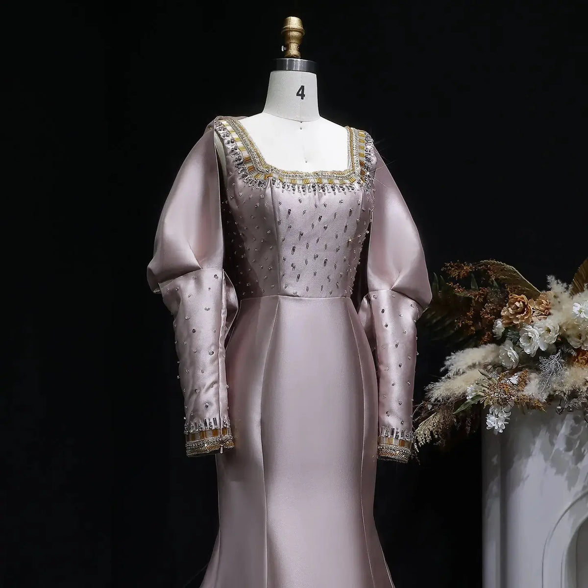 Luxury Khaki Beaded Satin Evening Dress with Statement Detachable Sleeves SS574 