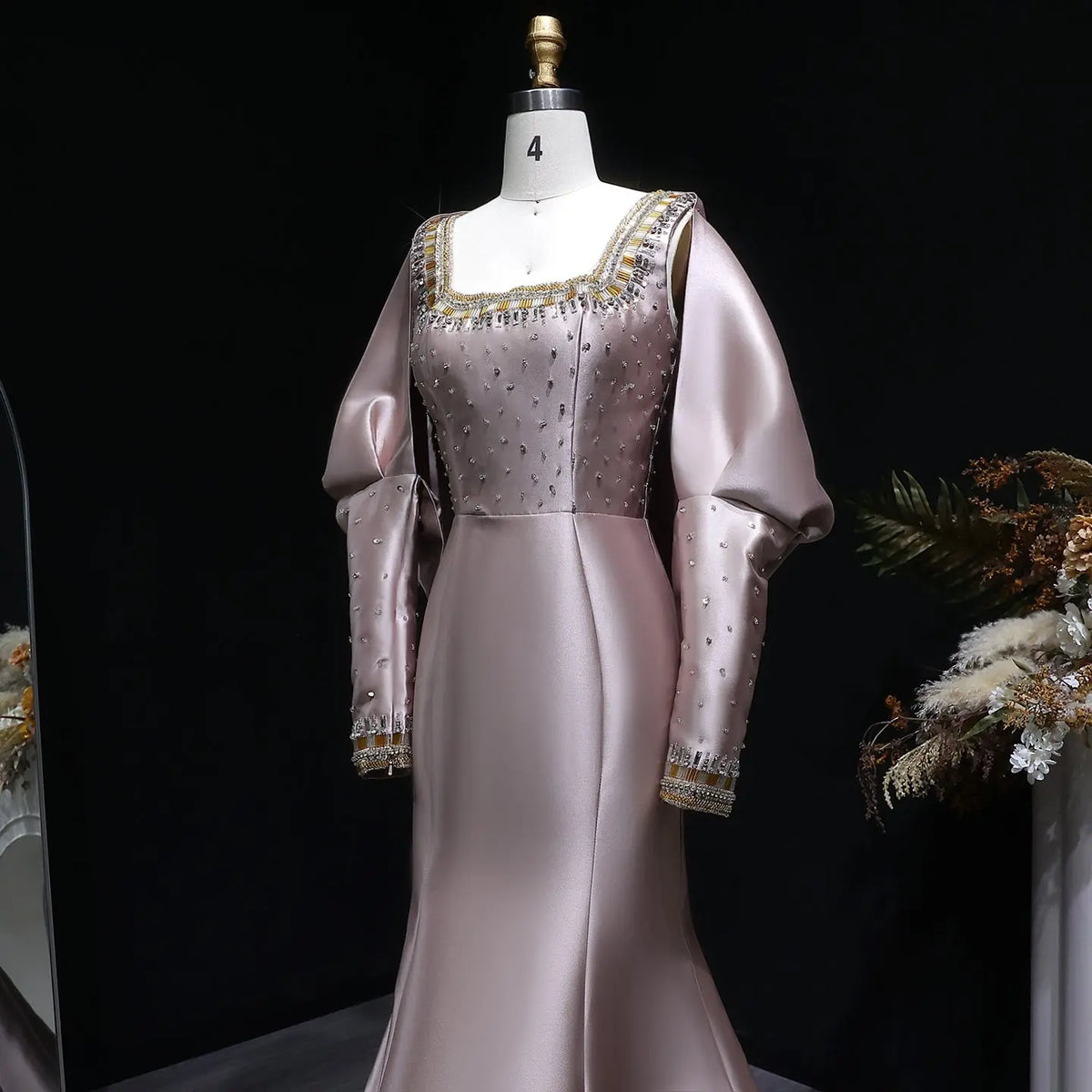 Luxury Khaki Beaded Satin Evening Dress with Statement Detachable Sleeves SS574-10