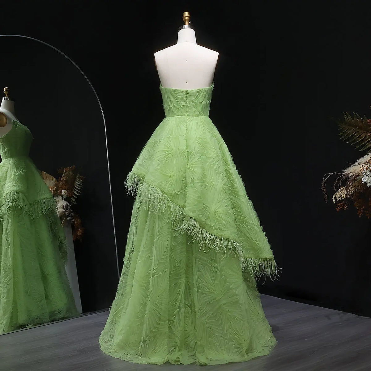Final Sale Luxury Feather 3D Floral Lime Green Strapless Evening Dress SF034 Final Sale Luxury Feather 3D Floral Lime Green Strapless Evening Dress SF034