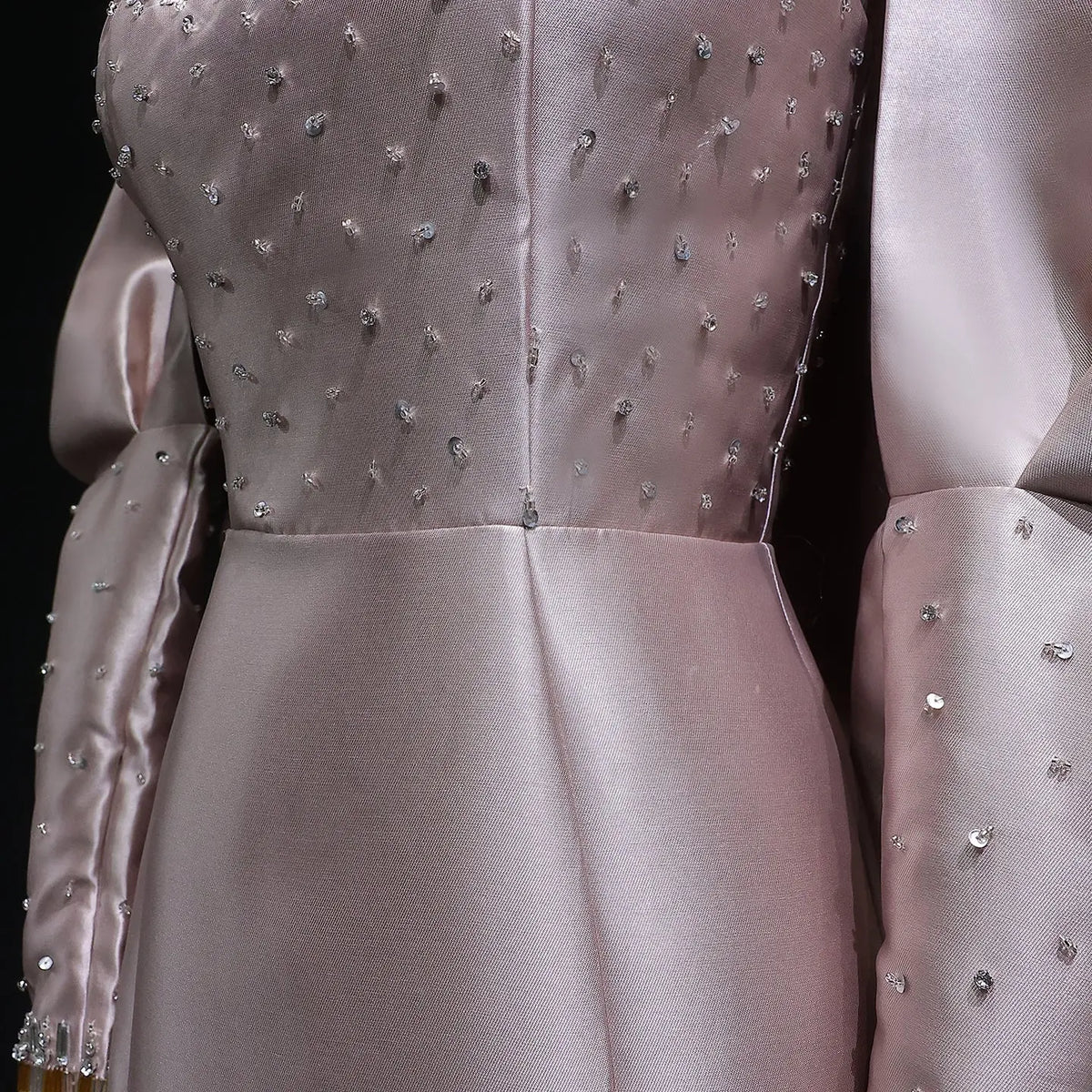 Luxury Khaki Beaded Satin Evening Dress with Statement Detachable Sleeves SS574-12