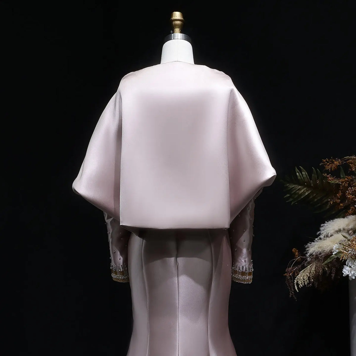 Luxury Khaki Beaded Satin Evening Dress with Statement Detachable Sleeves SS574-13