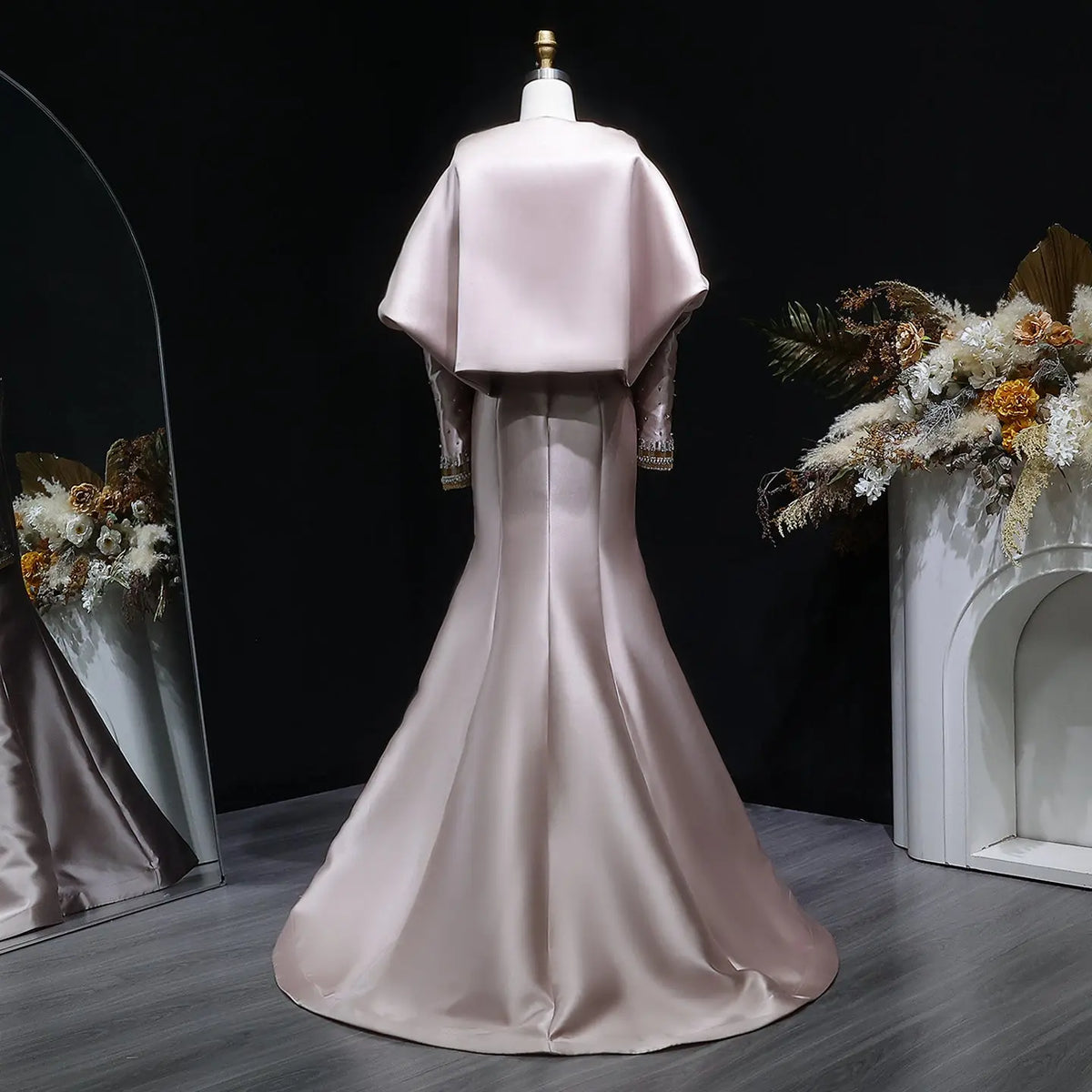 Luxury Khaki Beaded Satin Evening Dress with Statement Detachable Sleeves SS574-14