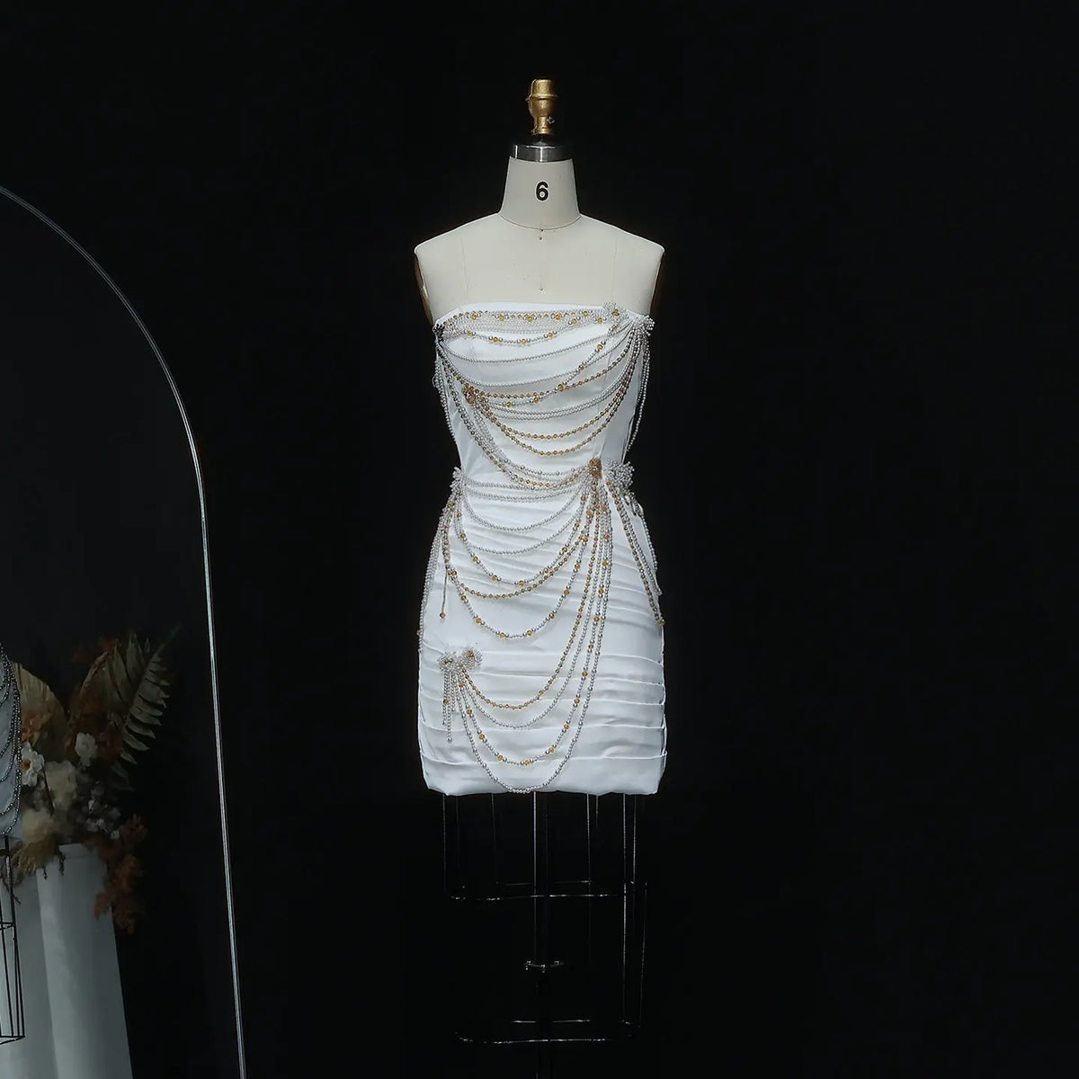 Luxury White Pearls Tassel Short Cocktail Party Dress RM035