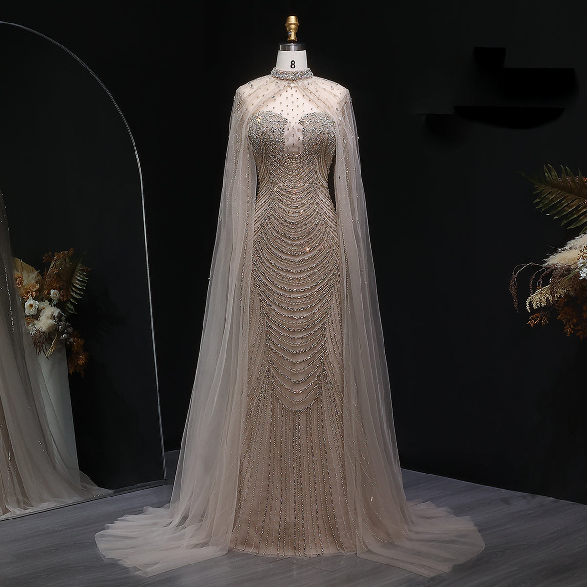 Luxury Champagne Beaded Evening Gown with Sheer Cape SS165 