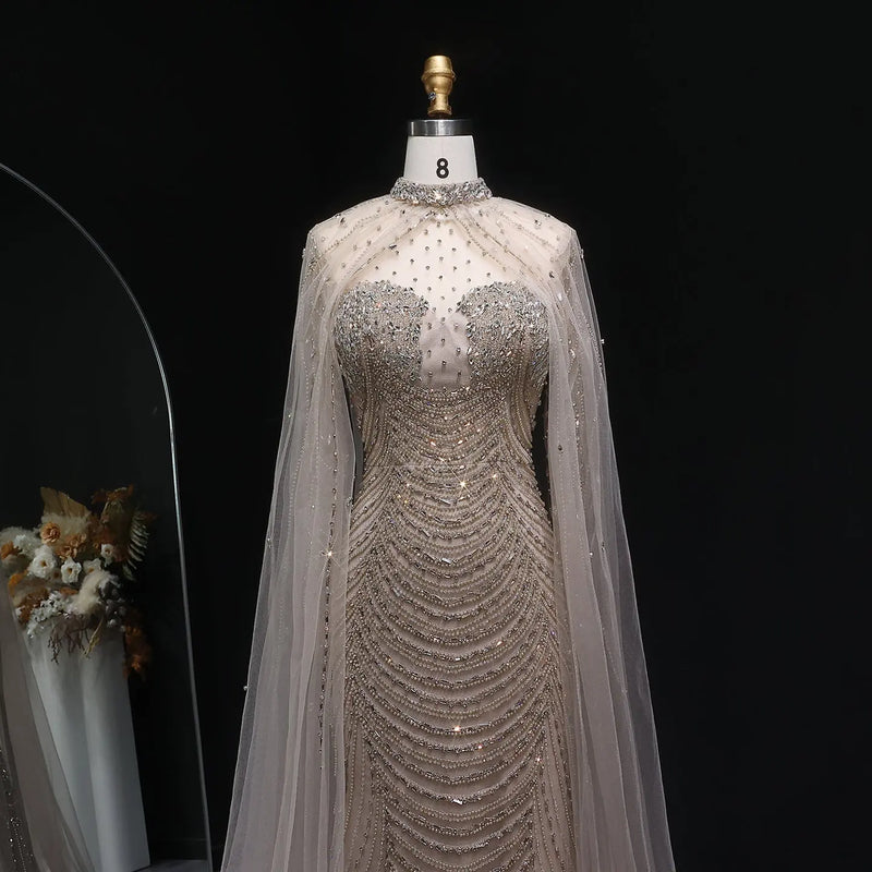 Luxury Champagne Beaded Evening Gown with Sheer Cape SS165 