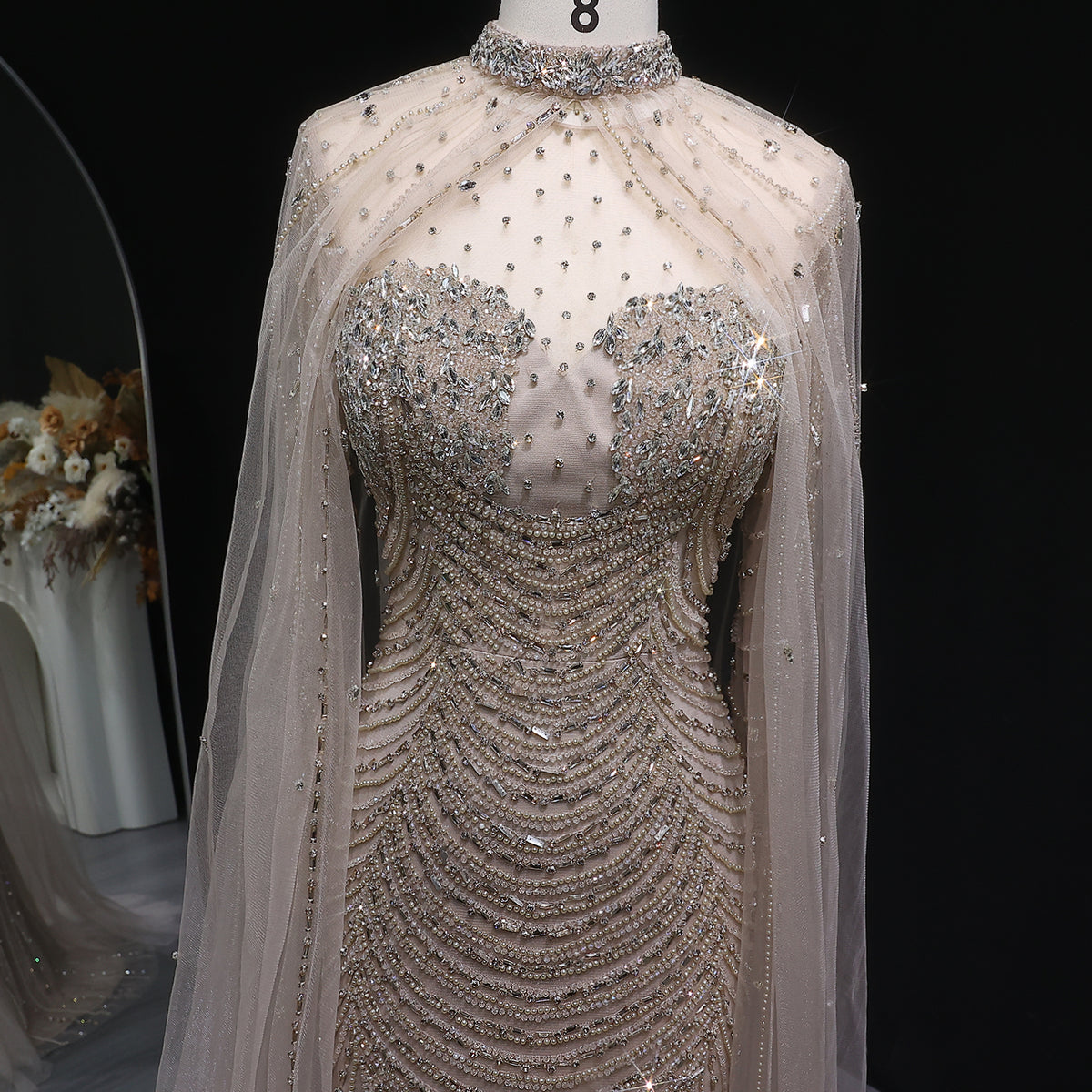 Luxury Champagne Beaded Evening Gown with Sheer Cape SS165 