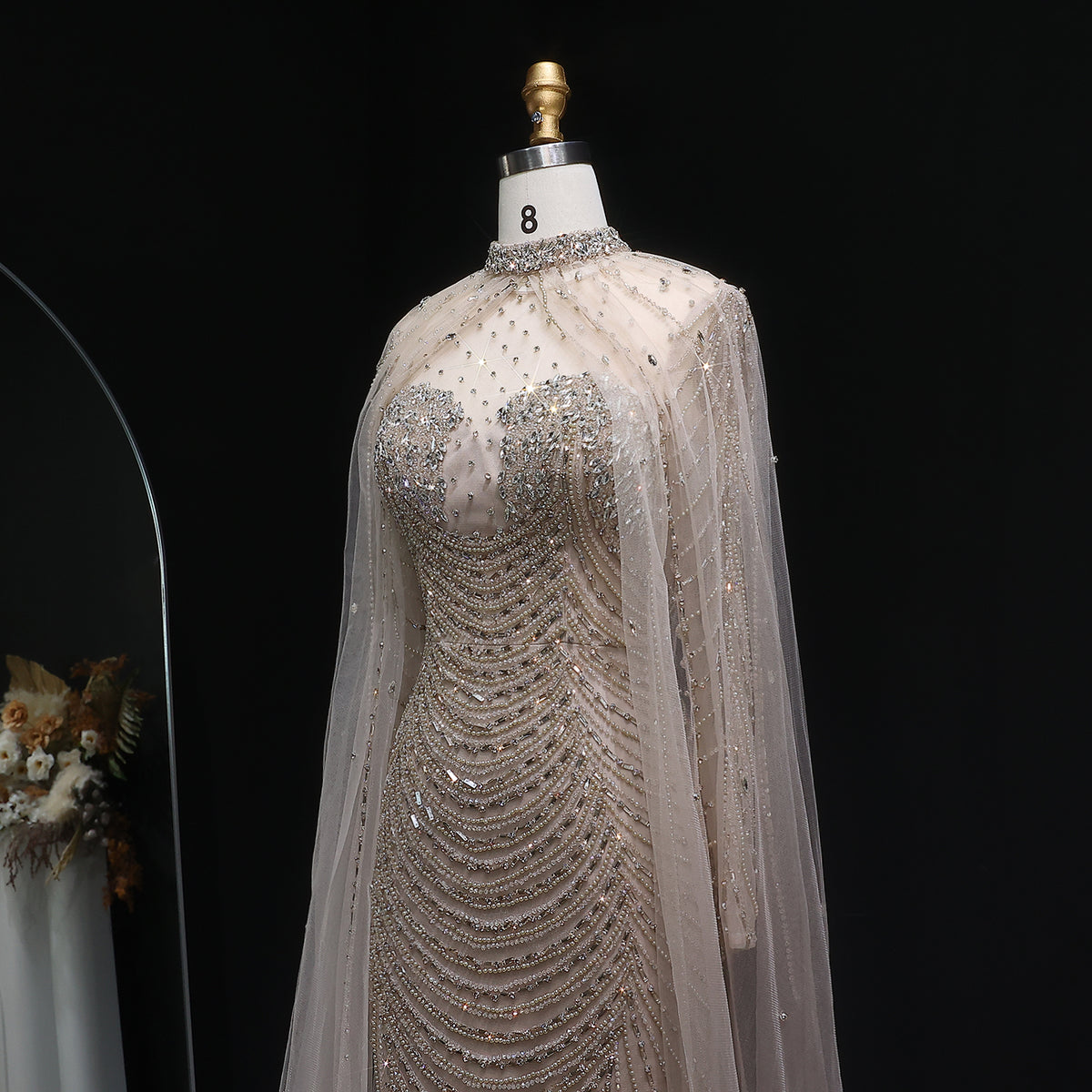 Luxury Champagne Beaded Evening Gown with Sheer Cape SS165 