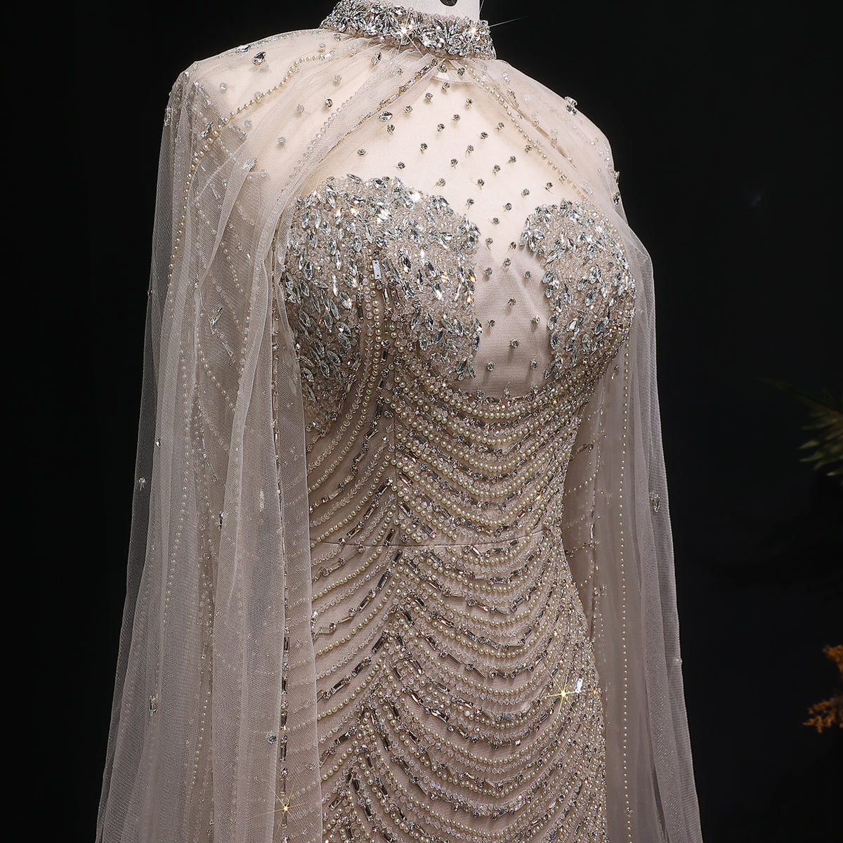 Luxury Champagne Beaded Evening Gown with Sheer Cape SS165 