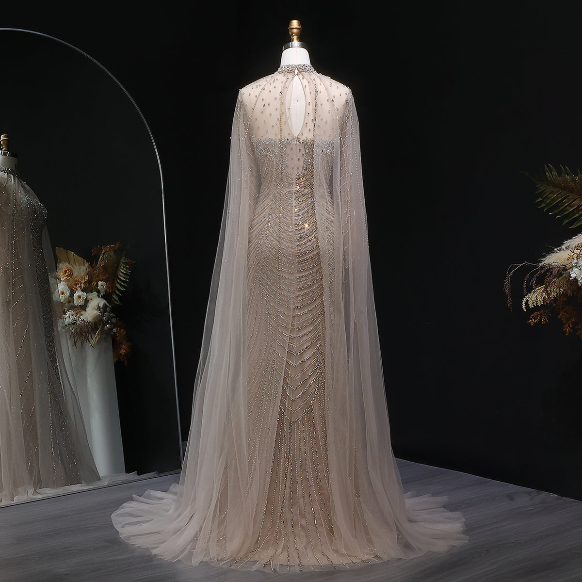 Luxury Champagne Beaded Evening Gown with Sheer Cape SS165 