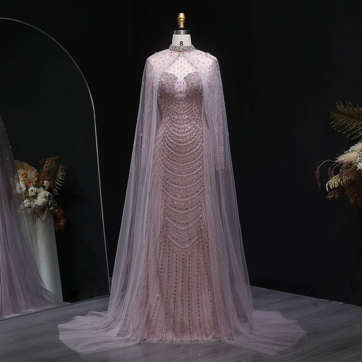 Luxury Champagne Beaded Evening Gown with Sheer Cape SS165 