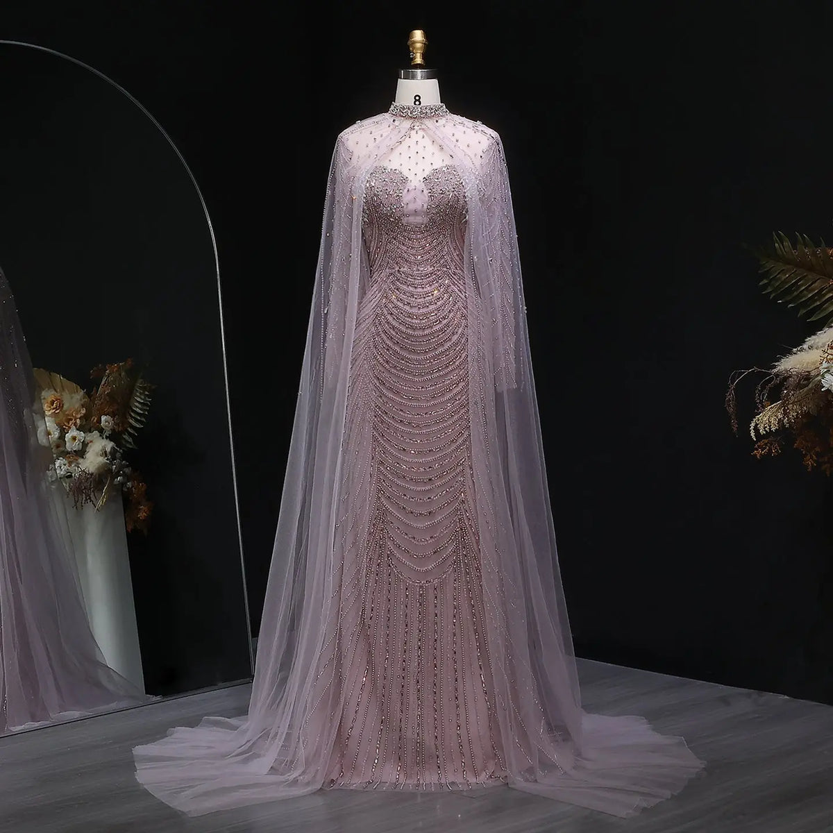 Luxury Champagne Beaded Evening Gown with Sheer Cape SS165 