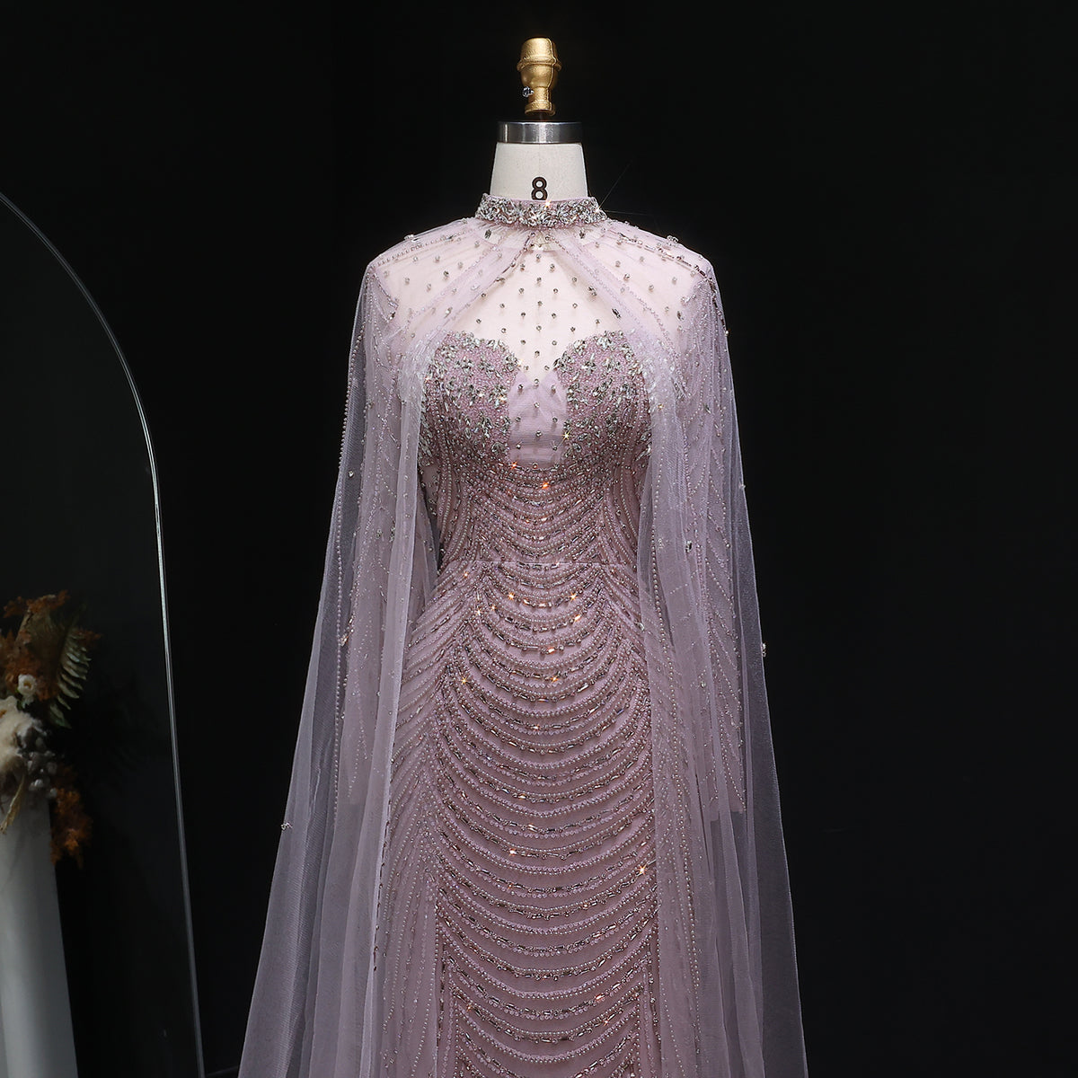 Luxury Champagne Beaded Evening Gown with Sheer Cape SS165 