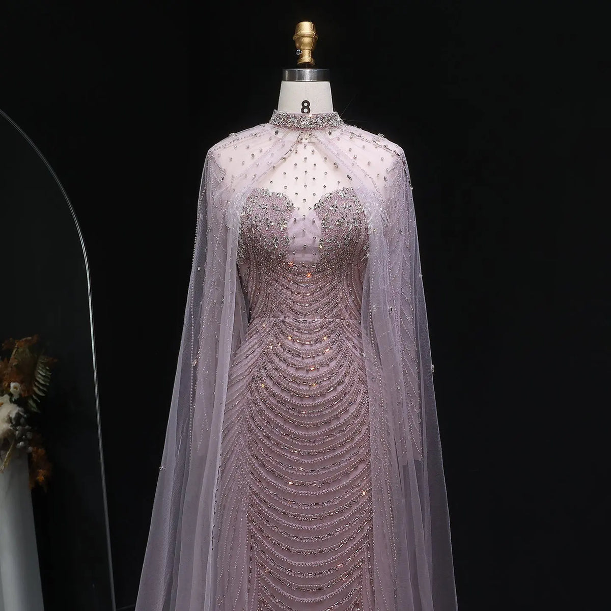 Luxury Champagne Beaded Evening Gown with Sheer Cape SS165 