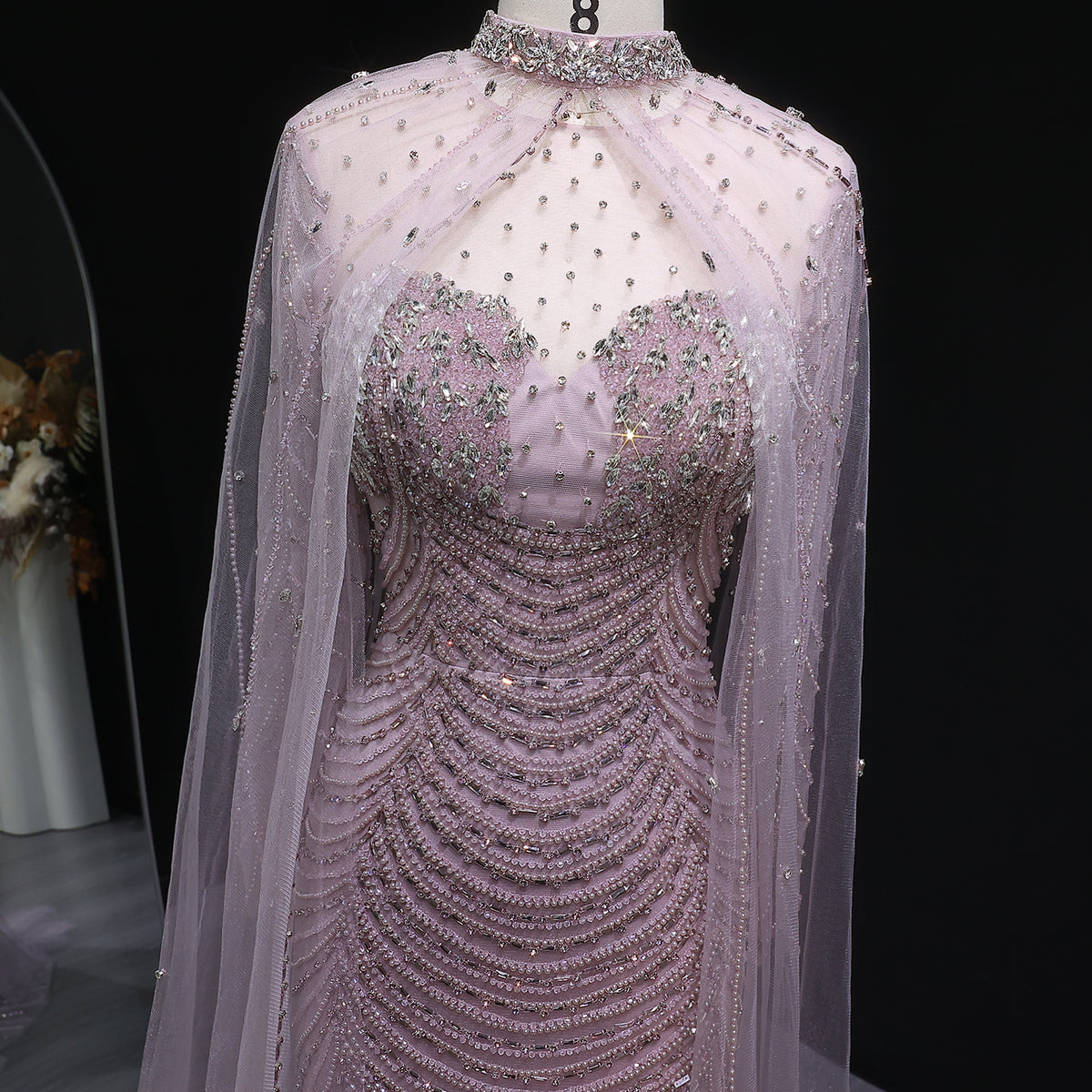 Luxury Champagne Beaded Evening Gown with Sheer Cape SS165 