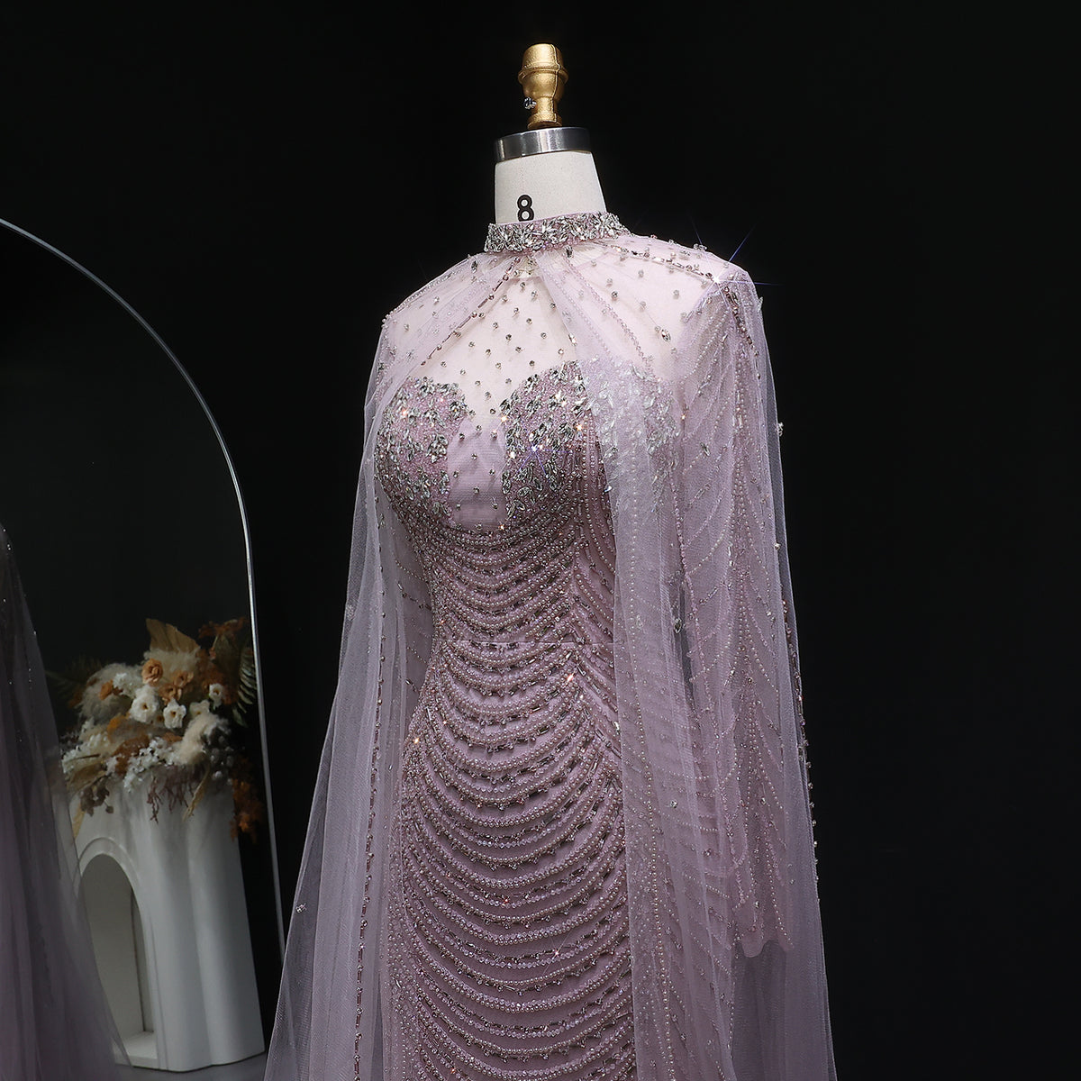 Luxury Champagne Beaded Evening Gown with Sheer Cape SS165 