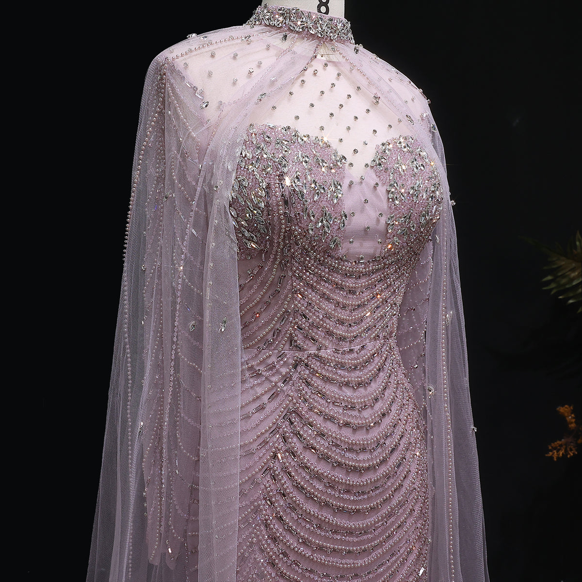 Luxury Champagne Beaded Evening Gown with Sheer Cape SS165 