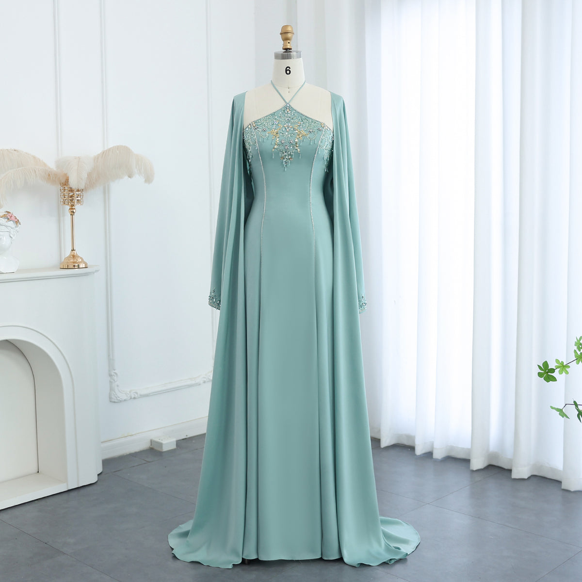 Sharon Said Saudi Arabic Sage Green Halter Evening Dresses with Cape Luxury Dubai Women Wedding Party Gowns SS301
