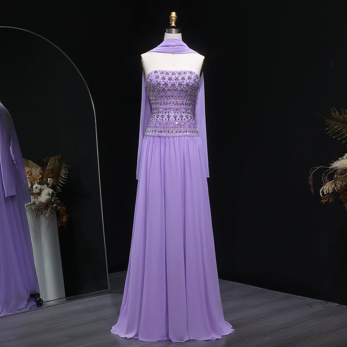 Strapless Lilac Beaded Bodice Evening Dress with Flowing Skirt SS539  Lilac / US 18