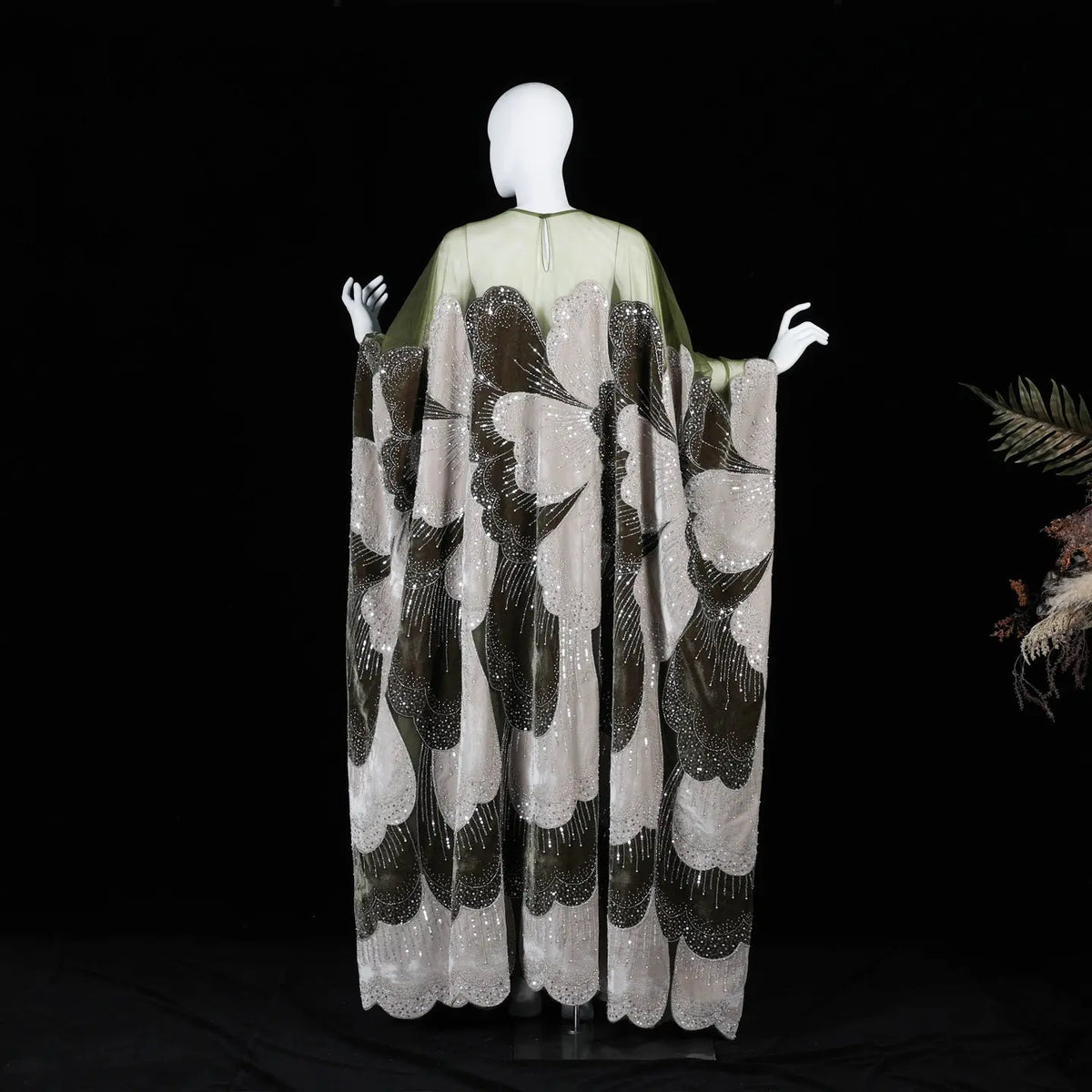 Olive Green Velvet Sequin Floral Kaftan Dress SS669