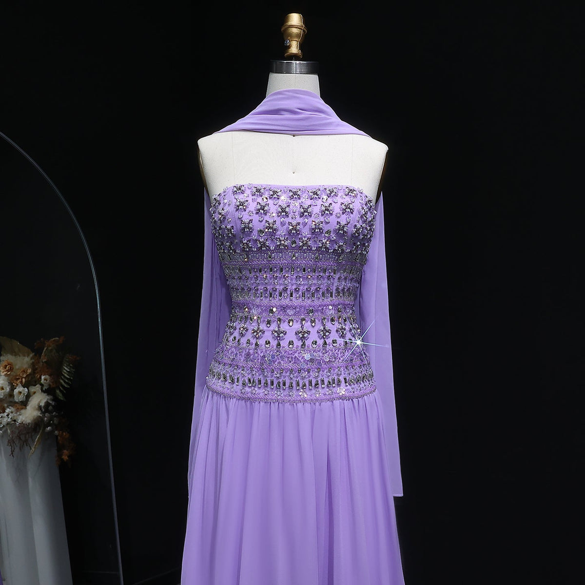 Strapless Lilac Beaded Bodice Evening Dress with Flowing Skirt SS539