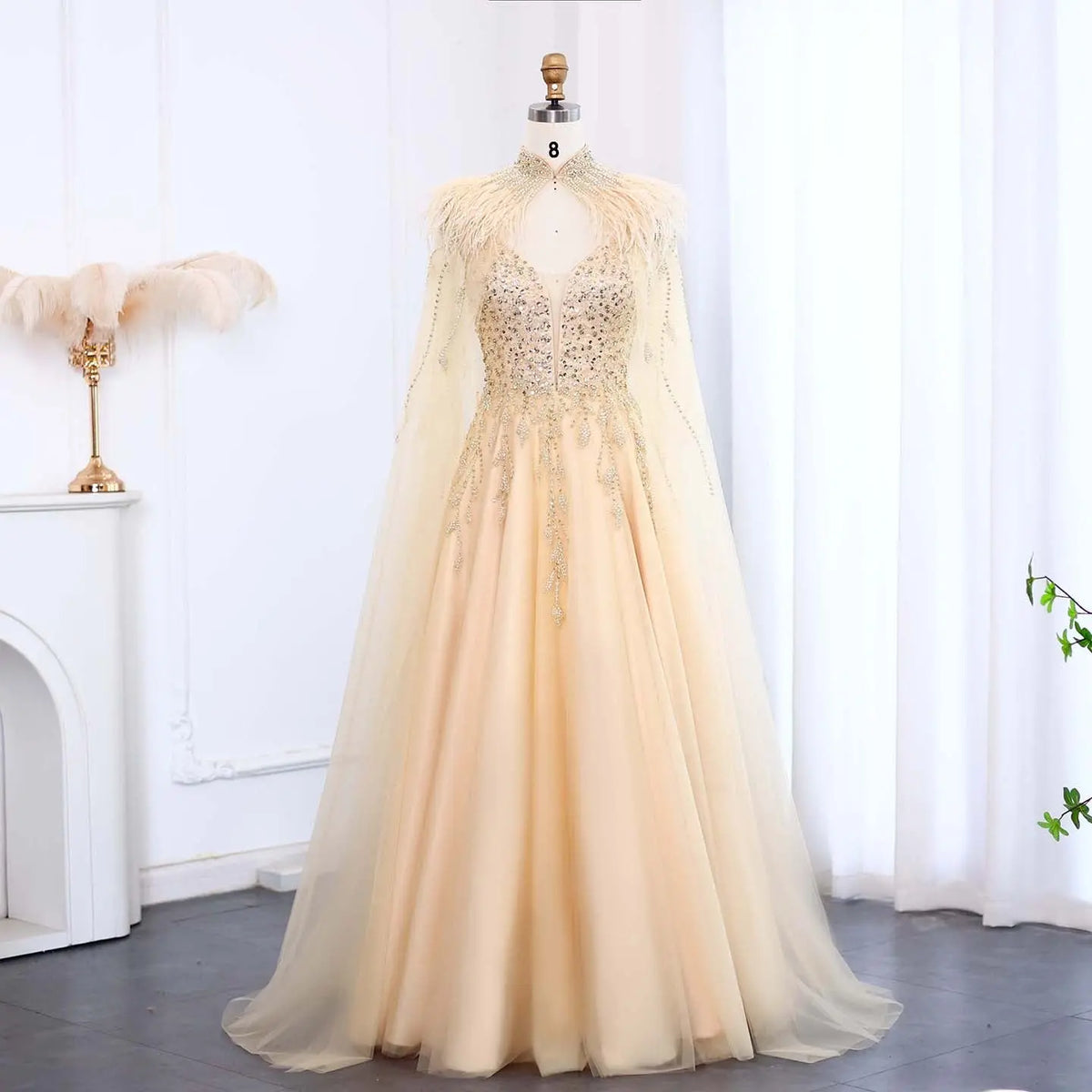 Final Sale Luxury Gold Feather Evening Dress with Cape SS594 Final Sale Luxury Gold Feather Evening Dress with Cape SS594