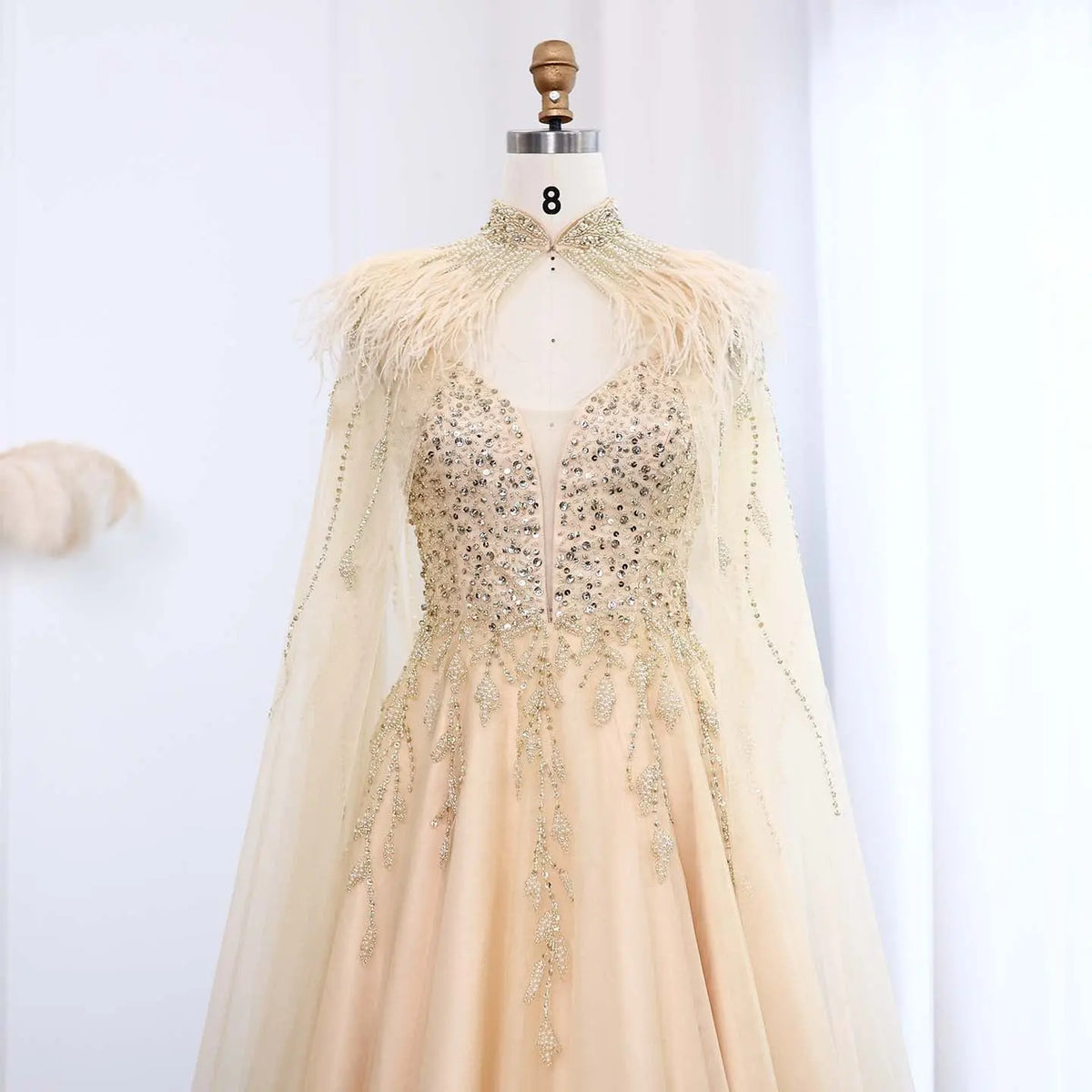 Luxury Gold Feather Evening Dress with Cape SS594 