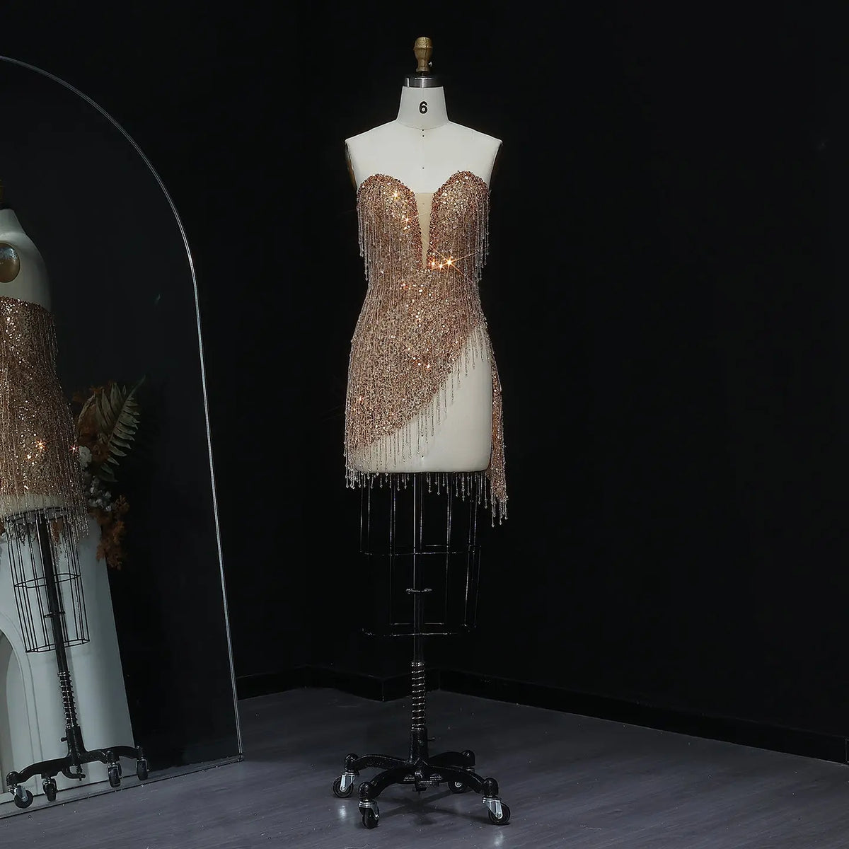 Champagne Strapless Tassel Slit Cocktail Dress RM044
